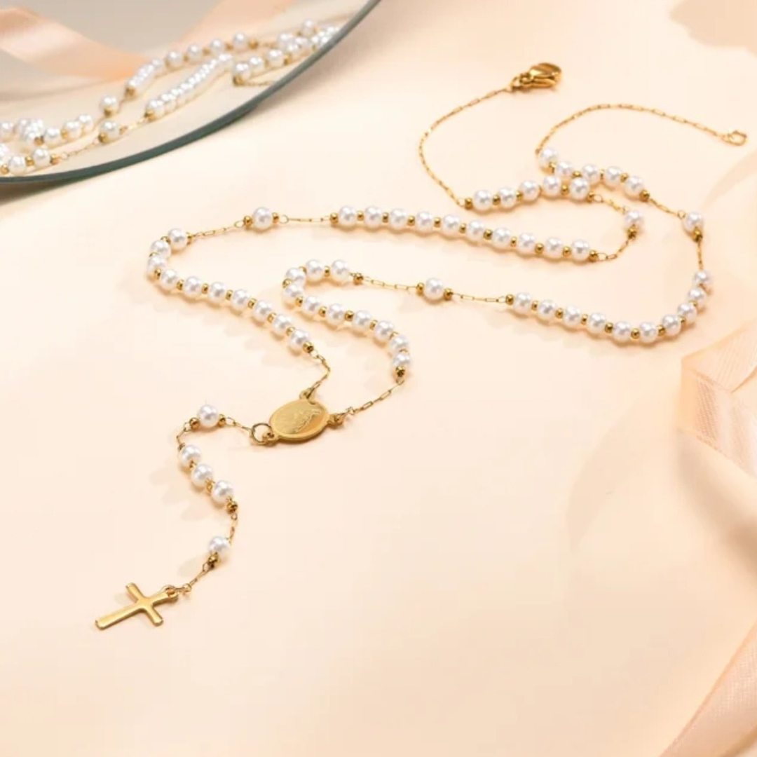 Luminous Pearl Blessed Mother Mary Rosary Necklace