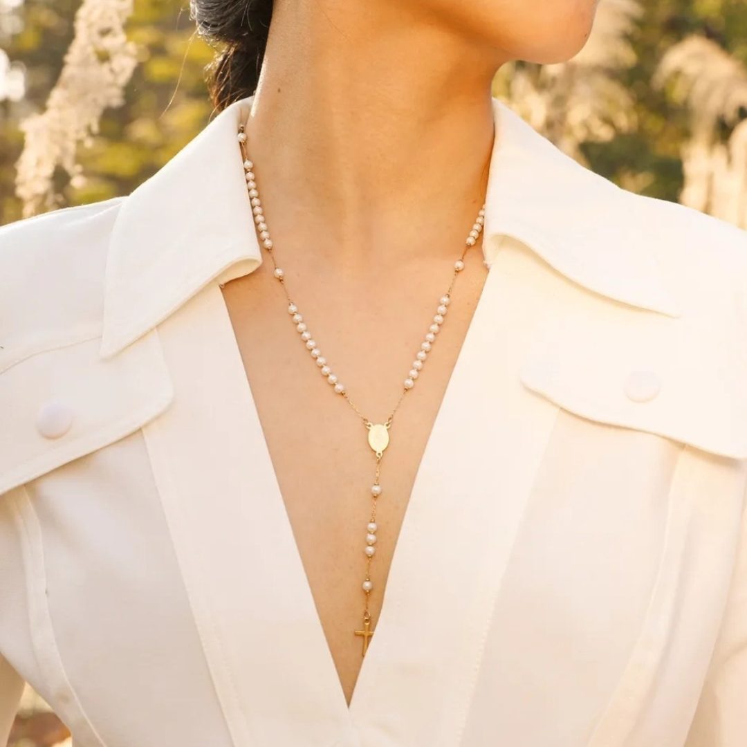 Luminous Pearl Blessed Mother Mary Rosary Necklace