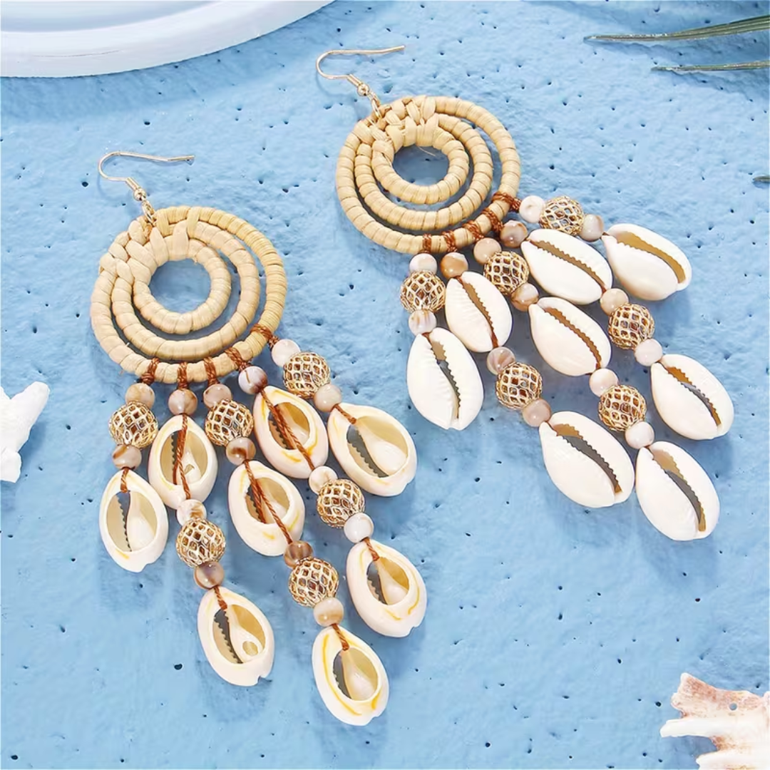 Cowrie Shell & Rattan Dangle Earrings