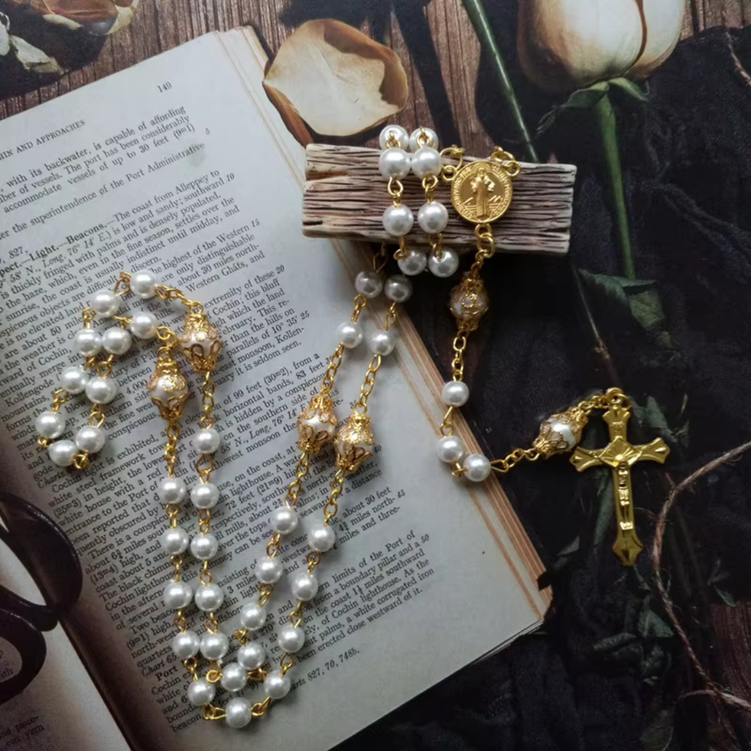 Saint Benedict Faux Pearl Rosary
