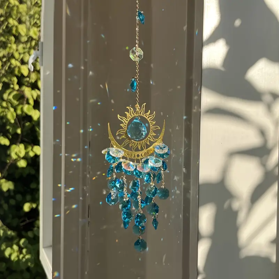 Blue Glass Sun and Moon Crystal Suncatcher Windchime