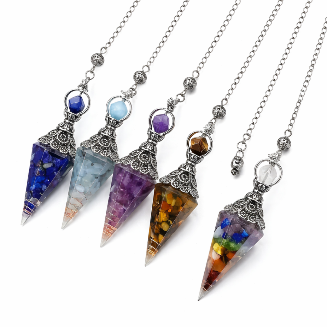 Blue Resin Crystal Chip Pendulum with Copper Coil & Filigree Cap