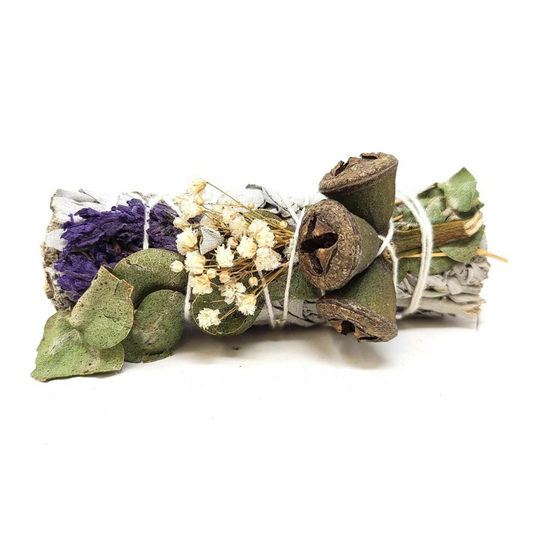 White Sage, Eucalyptus, Lavender & Baby's Breath Flower 4" Smudge
