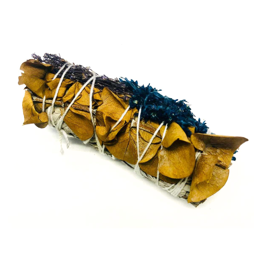 White Sage with Yellow Baby Eucalyptus, Brum Brum Blue & Gordo Lobo Smudge Stick 4"