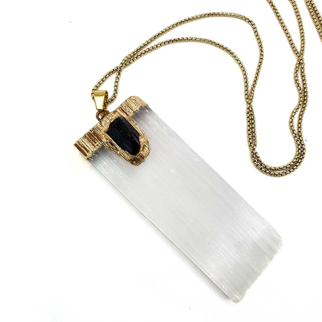 Gold Dipped Selenite & Black Tourmaline Pendant