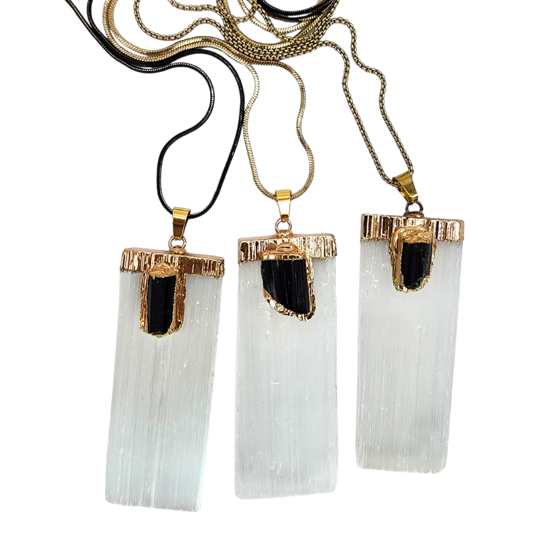 Gold Dipped Selenite & Black Tourmaline Pendant