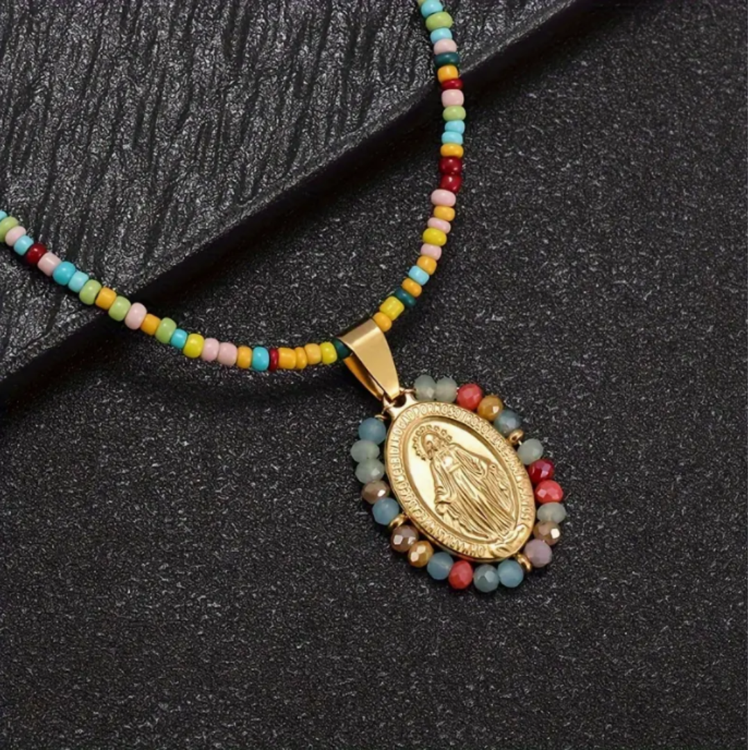 Bohemian Beaded Virgin Mary Necklace