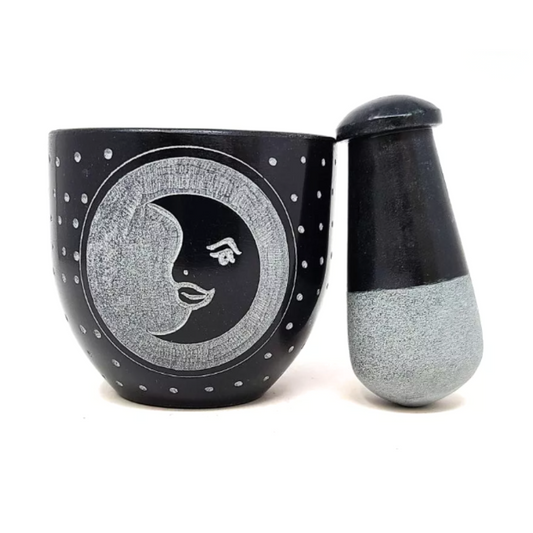 Moon Carved Black Soapstone Mortar and Pestle