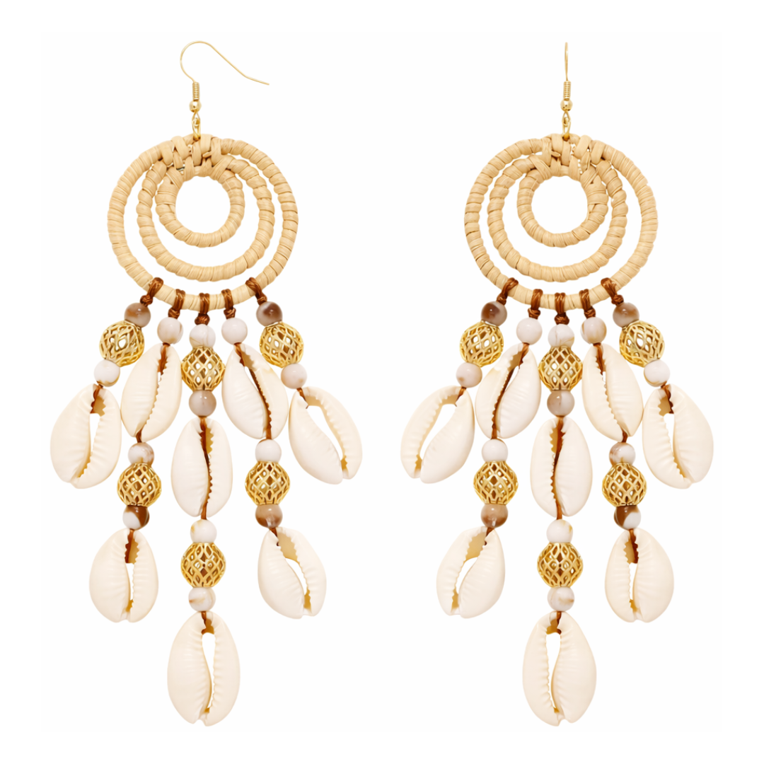 Cowrie Shell & Rattan Dangle Earrings
