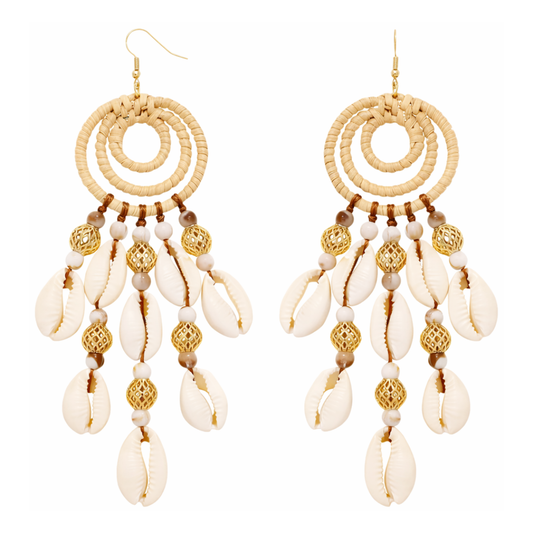Cowrie Shell & Rattan Dangle Earrings