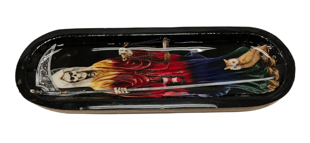 Santa Muerte Wooden Boat Shape Incense Holder (Rainbow Black)