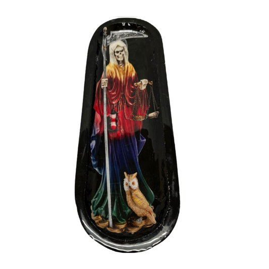 Santa Muerte Wooden Boat Shape Incense Holder (Rainbow Black)