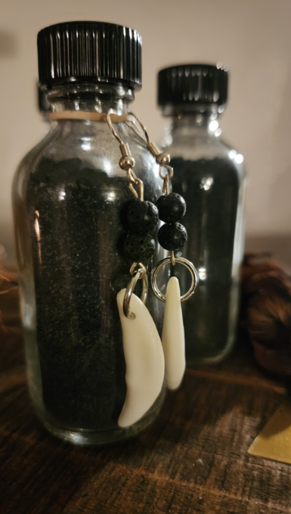 Handmade Coyote Teeth & Lava Stone Earrings