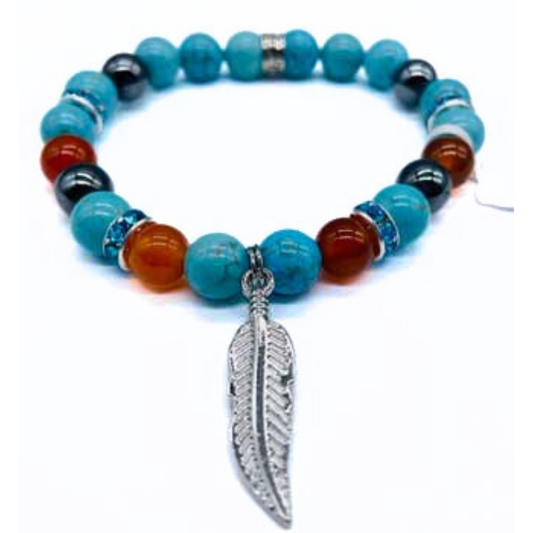 Turquoise, Red Agate, Hematite with Feather bracelet (8mm)