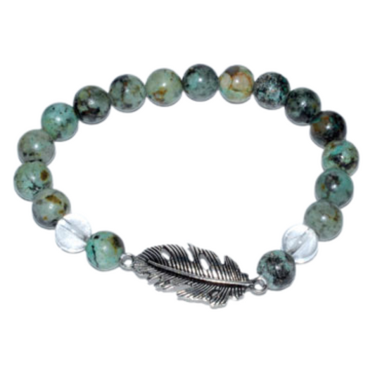 Turquoise and Quartz with Feather bracelet (8mm)