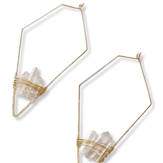 Geometric Gold Wireframe Quartz Crystal Earrings