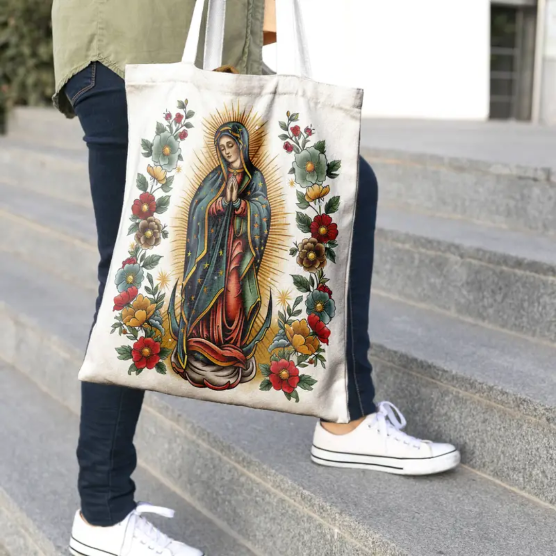 Our Lady of Guadalupe Floral Tribute Canvas Tote Bag