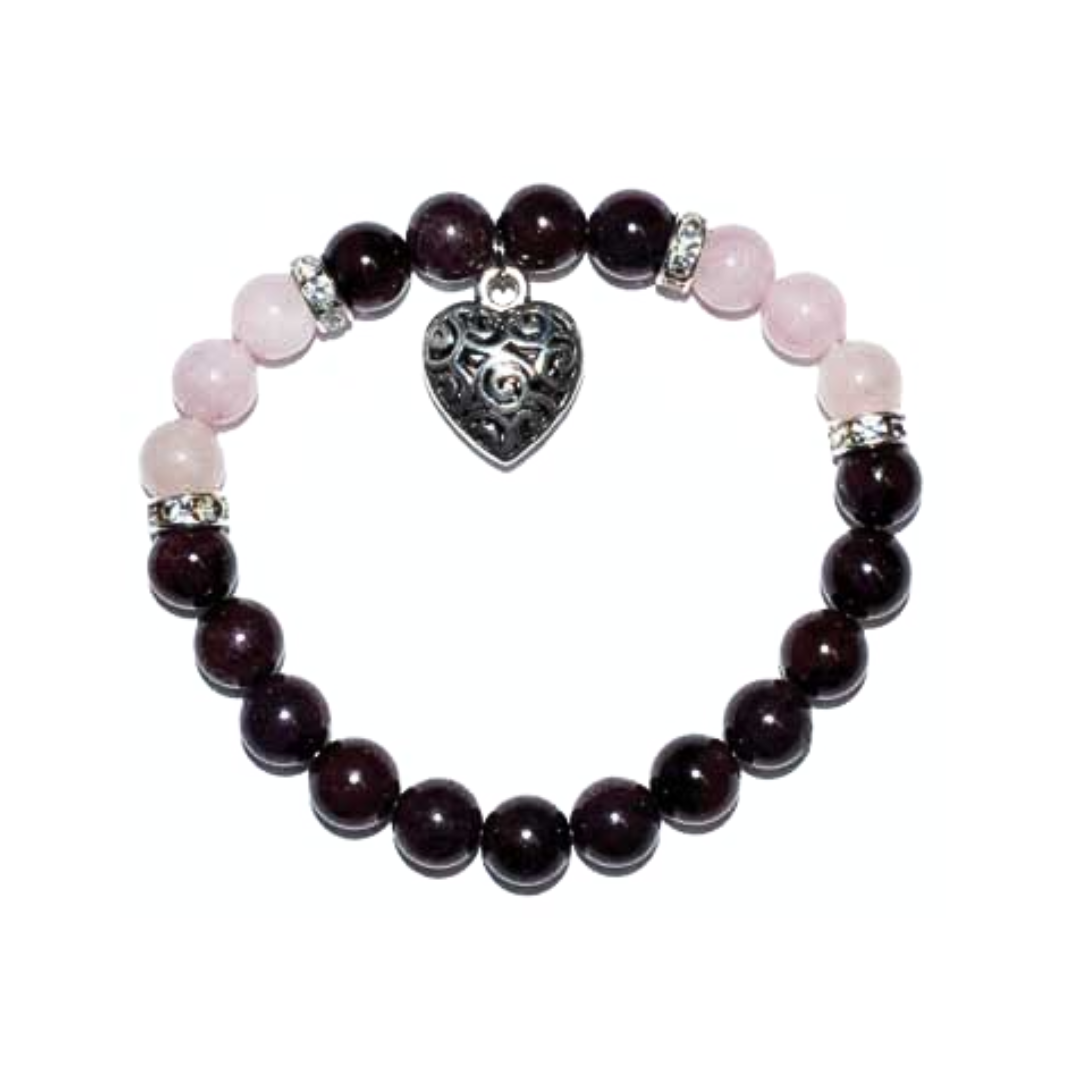 Garnet and Rose Quartz Heart Charm Bracelet