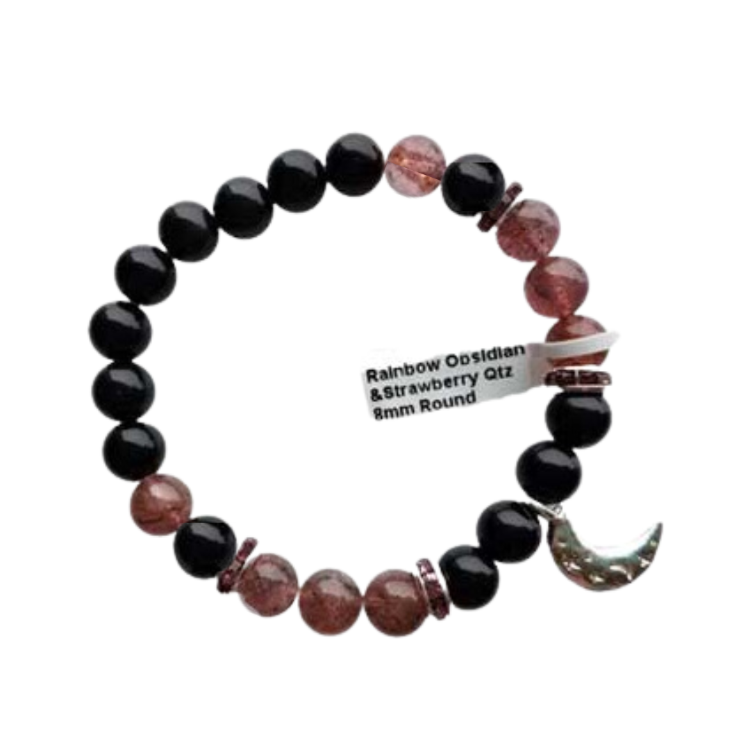 Rainbow Obsidian & Strawberry Quartz Moon Charm Bracelet