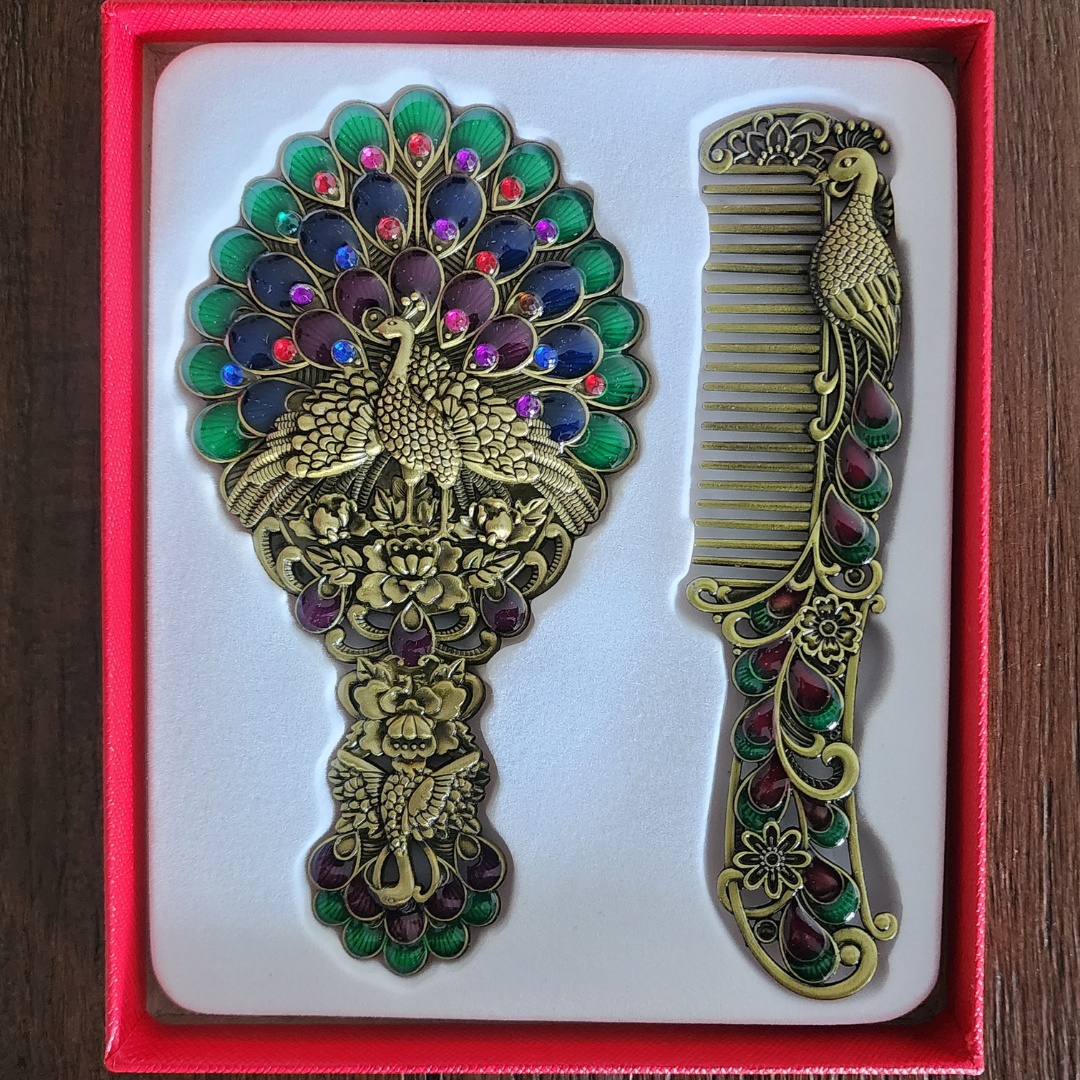 Antique Bronze Peacock Mirror & Comb Set