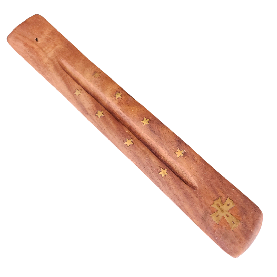 Wood w/Gold Cross Incense Burner Ash Catcher