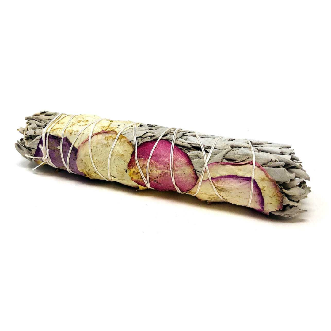 White Sage with Rose Petals (8-9'') Smudge Stick