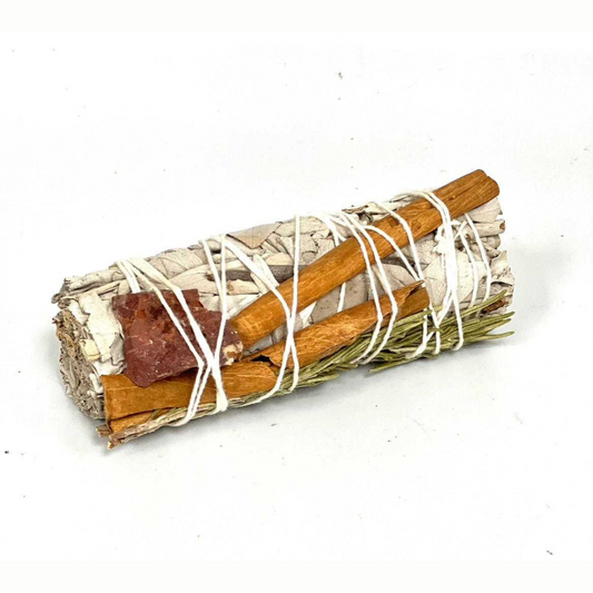 White Sage, Cinnamon, Rosemary, Red Quartz stone (4") Smudge Stick