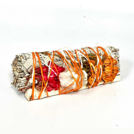 White Sage, Red Sinuata, Orange Sinuata, Stick Lentisco, &  Pink Quartz (4") Smudge Bundle