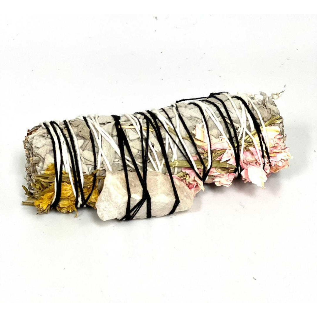 White Sage, Pink Espuela, Yellow Espuela, & White Quartz (4") Smudge Bundle