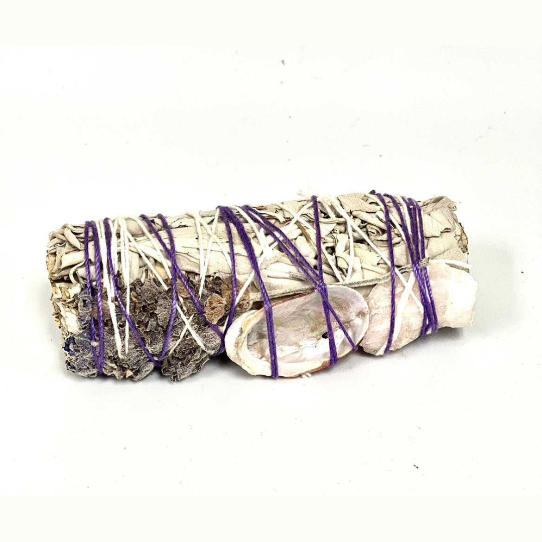 White Sage, Lavender, mini Red Abalone, Pink Quartz, Stick Lentisco (4") Smudge Bundle