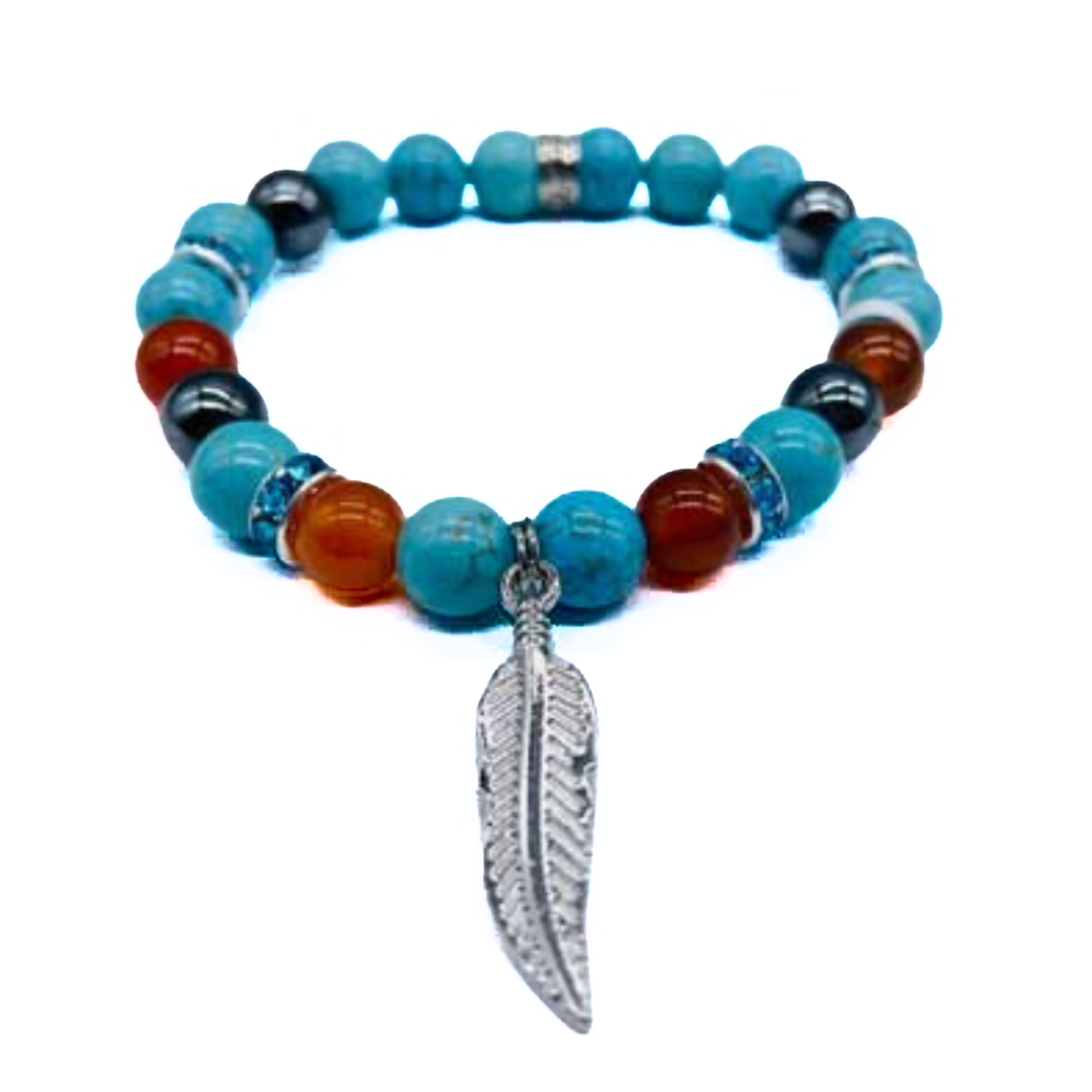 Turquoise, Red Agate & Hematite Feather Charm Bracelet