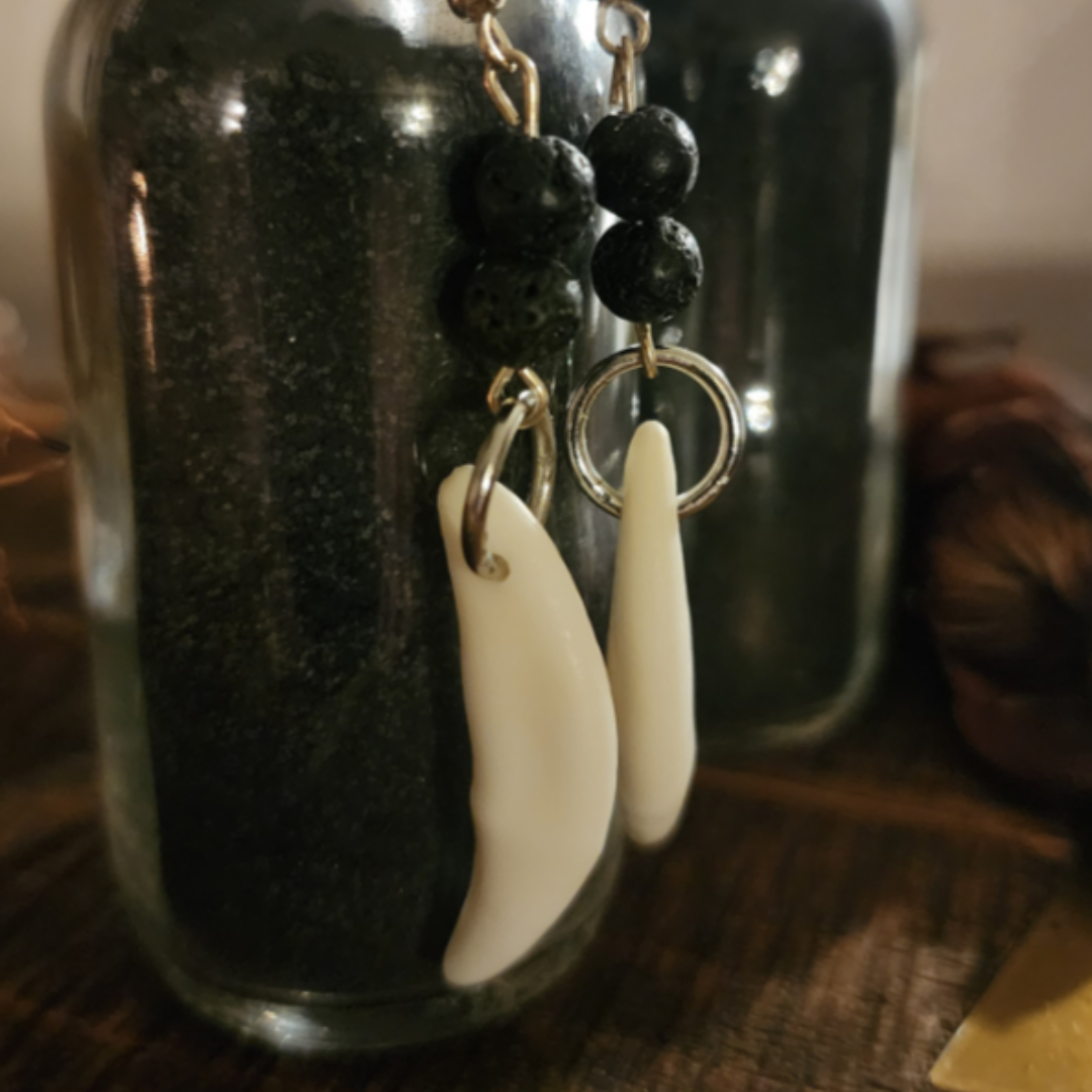 Handmade Coyote Teeth & Lava Stone Earrings