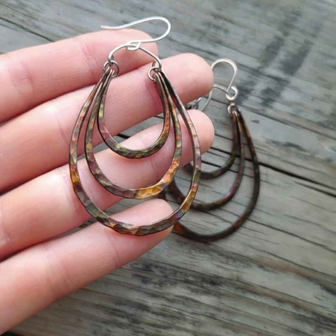 Hammered Fire Patina Triple Drop Earrings