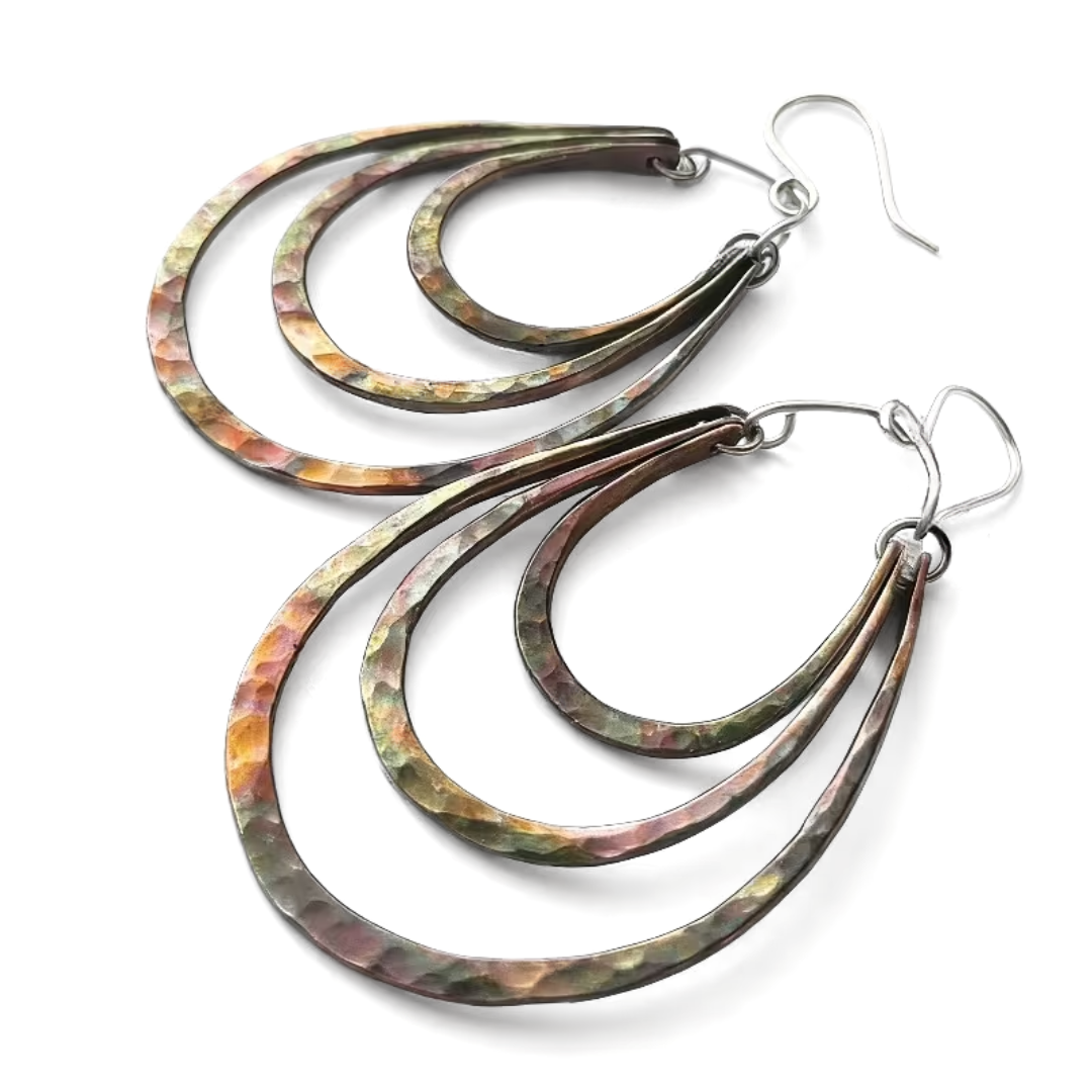 Hammered Fire Patina Triple Drop Earrings