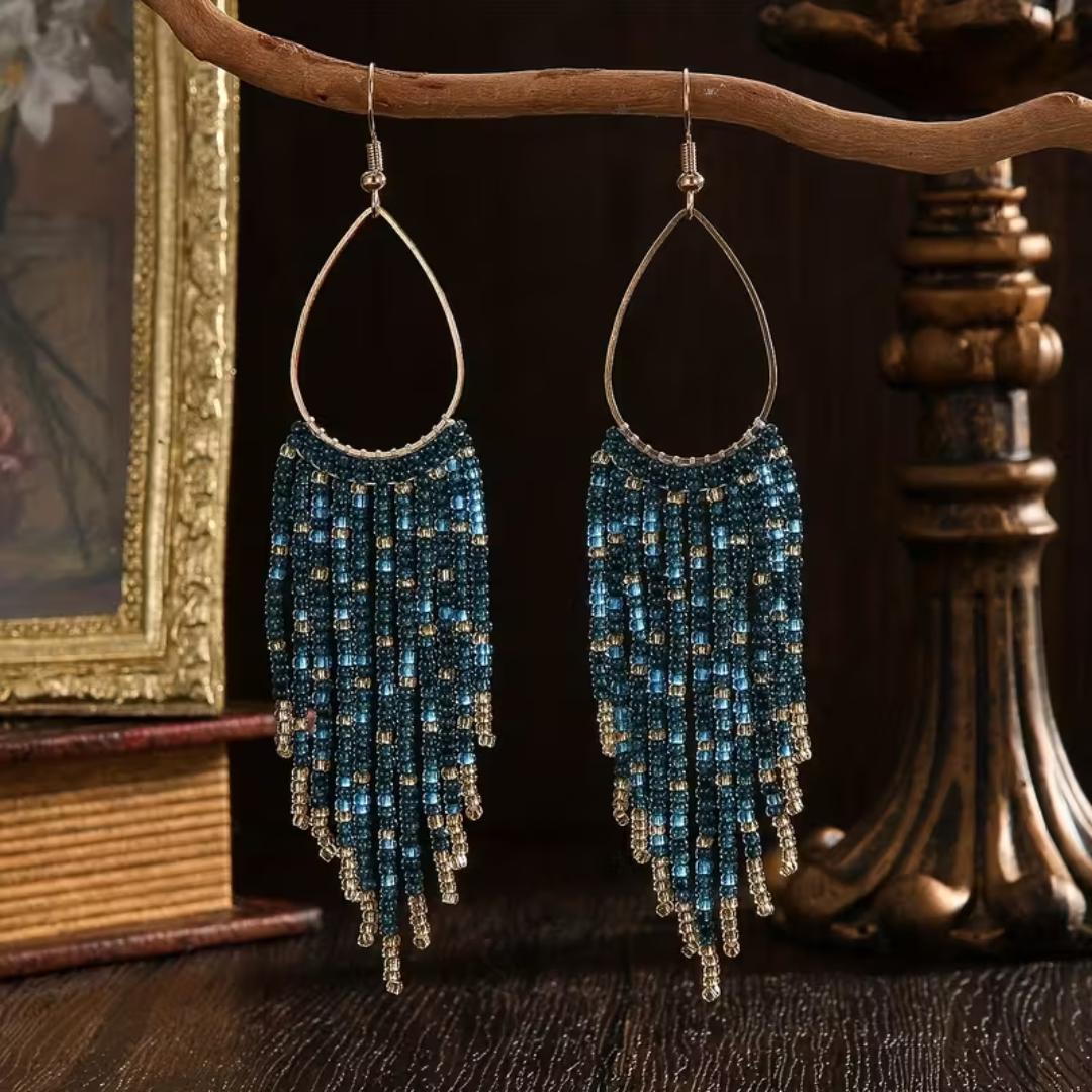 Beaded Fringe Teardrop Earrings – Deep Ocean & Gold