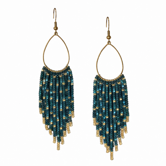 Beaded Fringe Teardrop Earrings – Deep Ocean & Gold