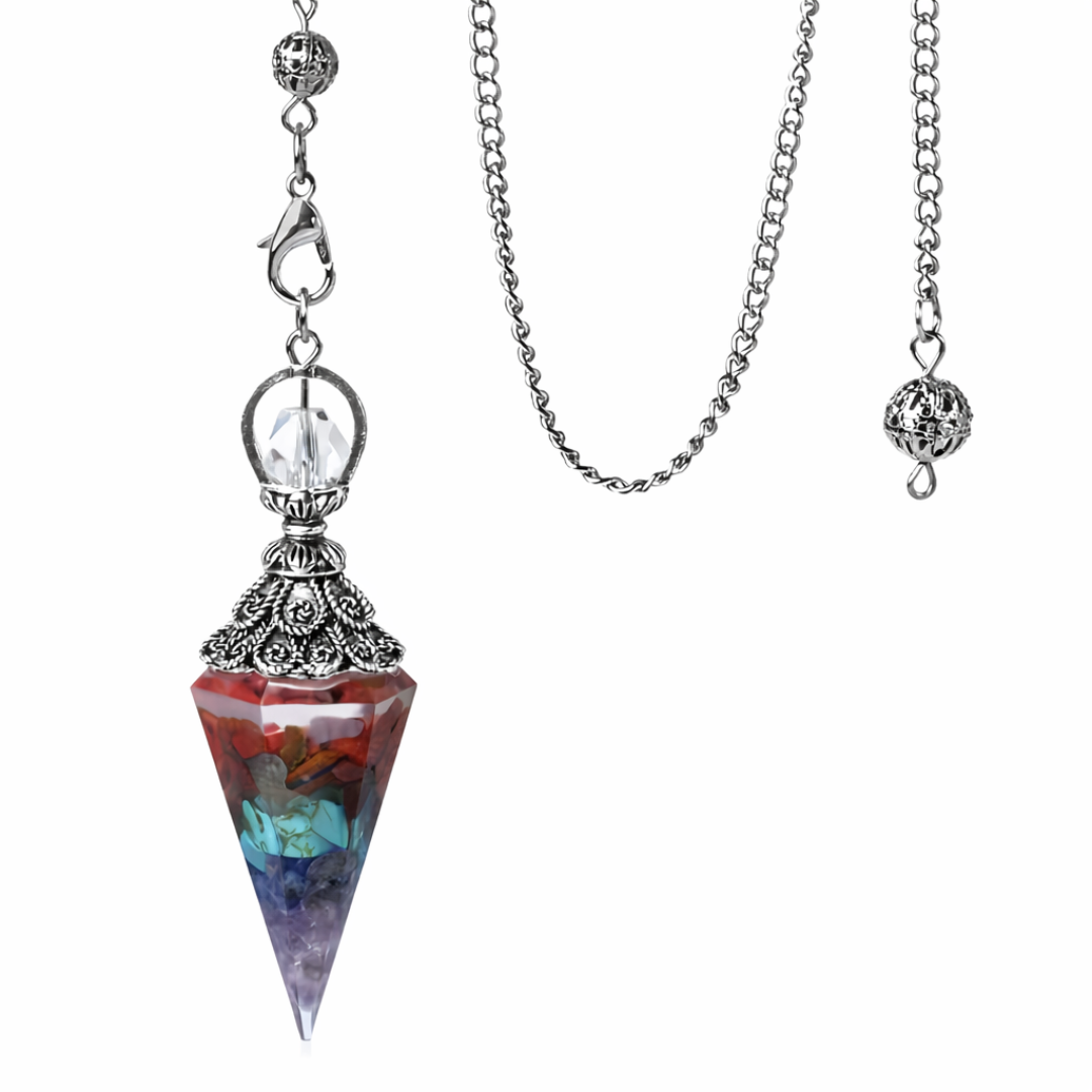 7-Layer Chakra Resin Pendulum with Copper Coil & Filigree Cap