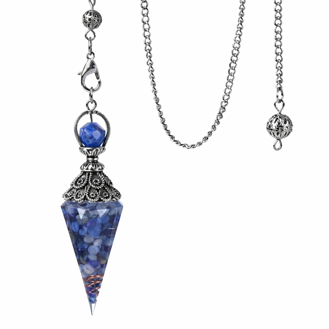 Blue Resin Crystal Chip Pendulum with Copper Coil & Filigree Cap