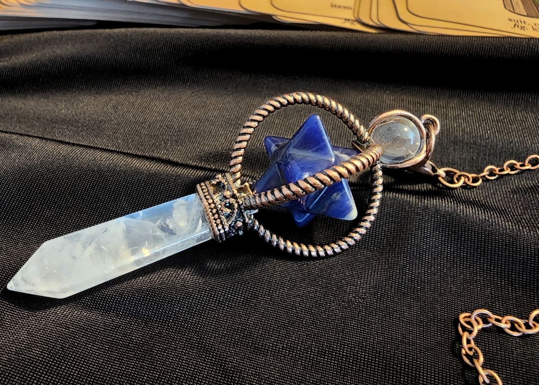 Lapis Lazuli with Clear Quartz Point Pendulum - Bronze