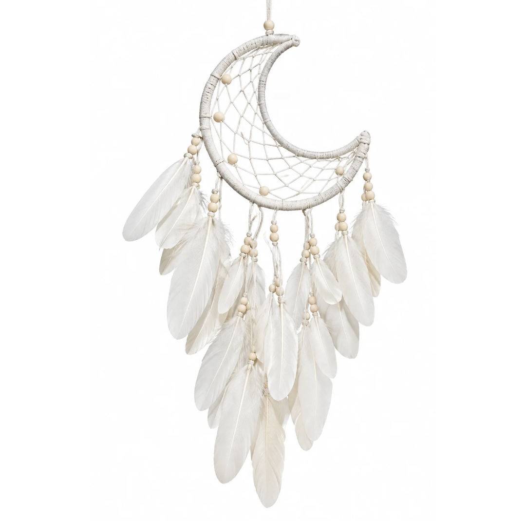 Crescent Moon Dreamcatcher | White Feather Wall Hanging