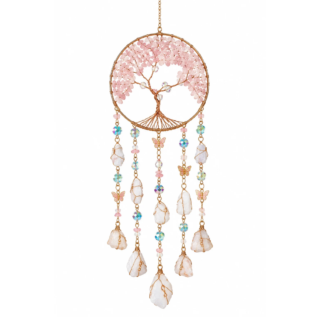 Rose Quartz Tree of Life Suncatcher | Crystal & Butterfly Hanging Décor