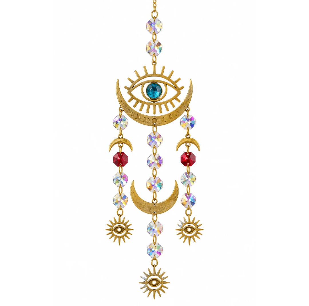 Evil Eye & Crescent Moon Suncatcher | Celestial Hanging Décor