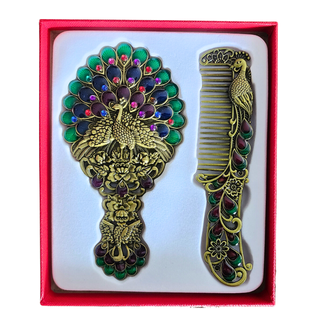 Antique Bronze Peacock Mirror & Comb Set