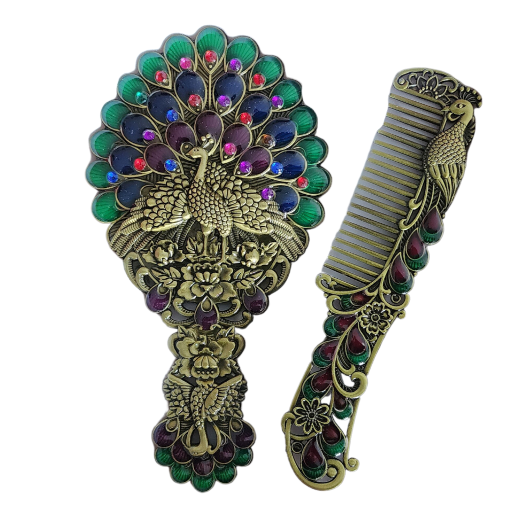 Antique Bronze Peacock Mirror & Comb Set