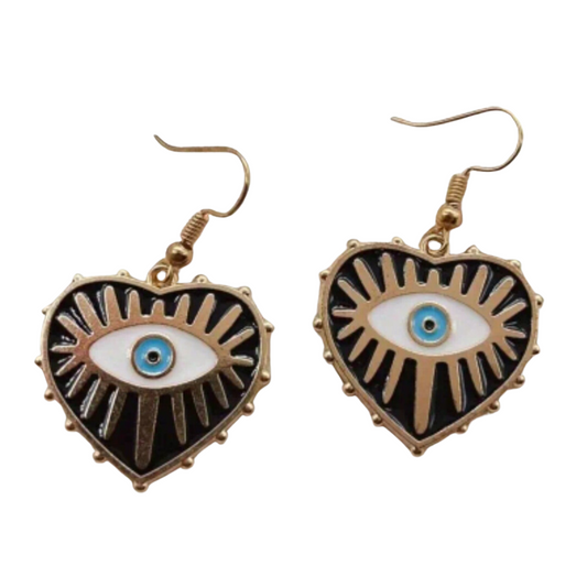 Black and Gold Heart-Shaped Enamel Evil Eye Earrings