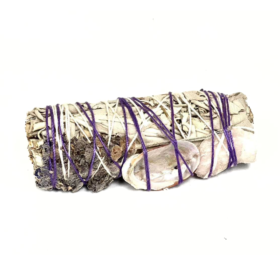 White Sage, Lavender, Mini Red Abalone, Pink Quartz, Stick Lentisco Smudge Bundle (4")