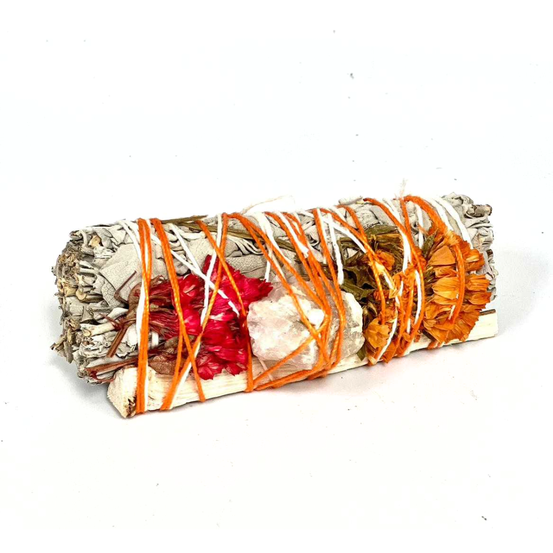 White Sage, Red Sinuata, Orange Sinuata, Stick Lentisco, &  Pink Quartz Smudge Bundle (4")