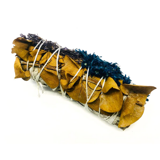 White Sage with Yellow Baby Eucalyptus, Brum Brum Blue & Gordolobo Smudge Stick (4")