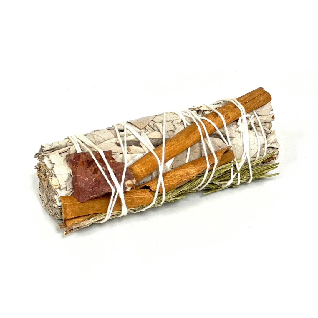 White Sage, Cinnamon, Rosemary & Red Quartz Smudge Stick (4")