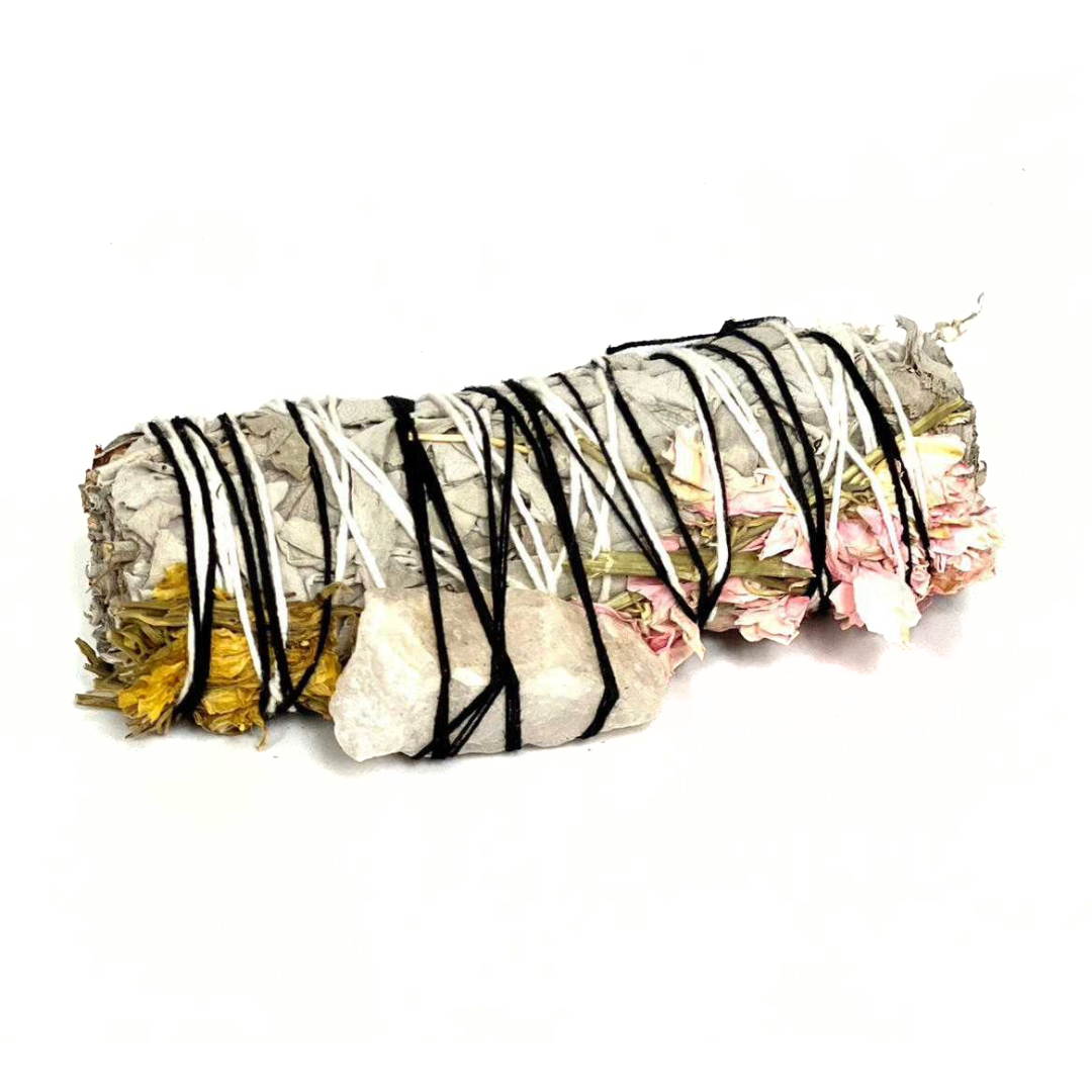 White Sage, Pink Espuela, Yellow Espuela, & White Quartz Smudge Bundle (4")